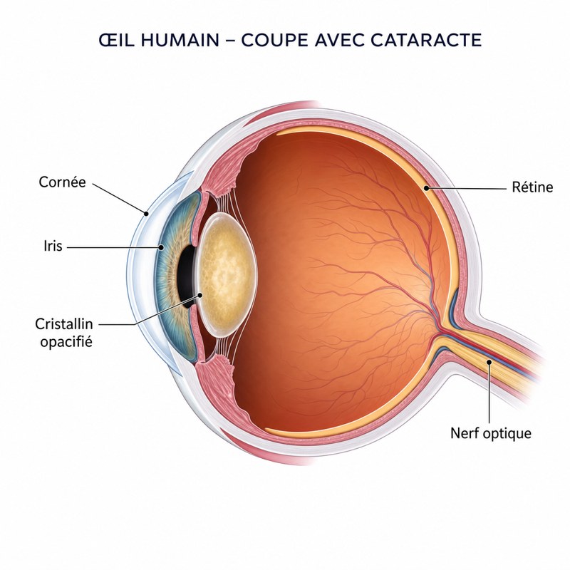 Schéma de l'œil en coupe : cornée, iris, cristallin opacifié, rétine et nerf optique — comprendre la cataracte