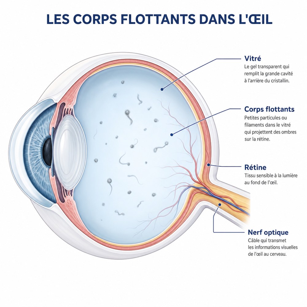 Schéma de l'œil en coupe : vitré, corps flottants, rétine et nerf optique