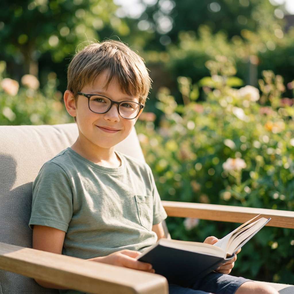 Enfant portant des lunettes, lisant un livre dans un environnement lumineux — la lumière extérieure aide à freiner la progression de la myopie