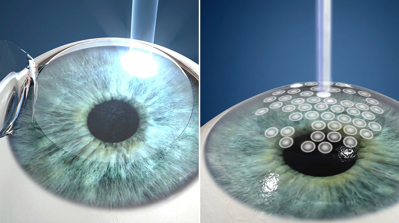 Illustration 3D de la chirurgie réfractive au laser : volet cornéen soulevé puis remodelage de la cornée par le laser excimer (LASIK / PKR)